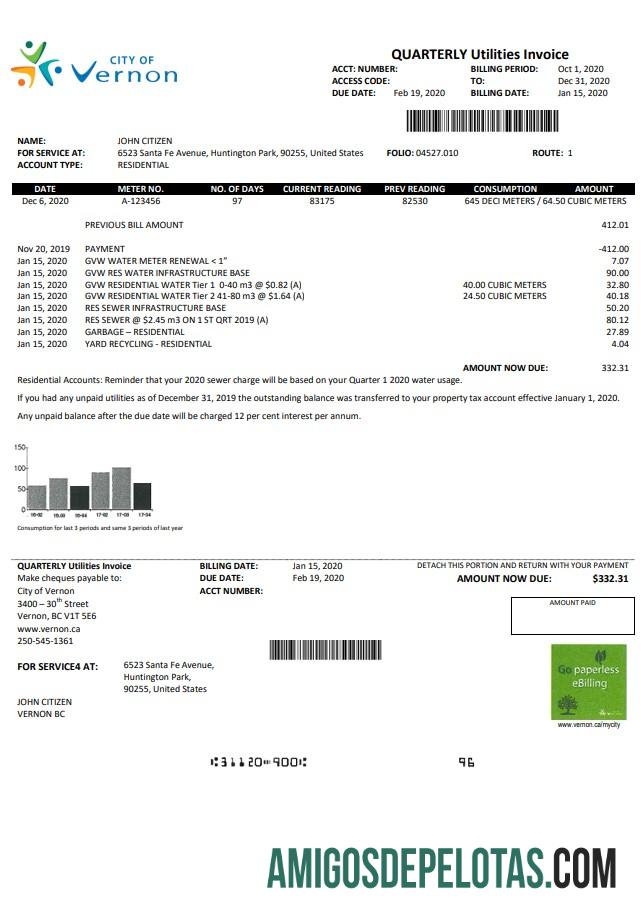 Em branco modelo de conta de serviços públicos de água da cidade de Vernon, EUA, Canadá, em formato Word e PDF